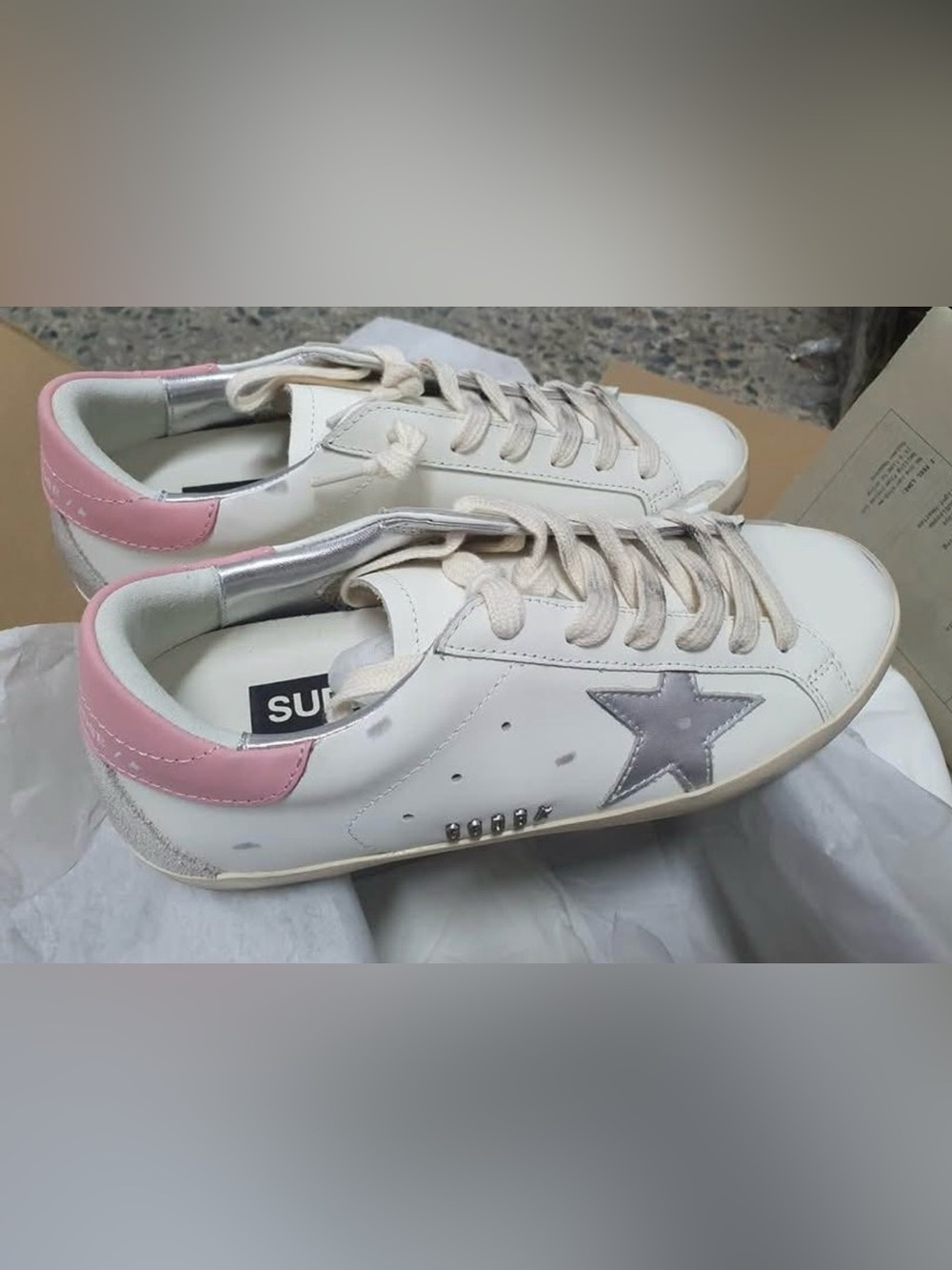 Golden Goose White Leather Sneakers with Pink Heel and Silver Star Accent - Picture 3 of 6